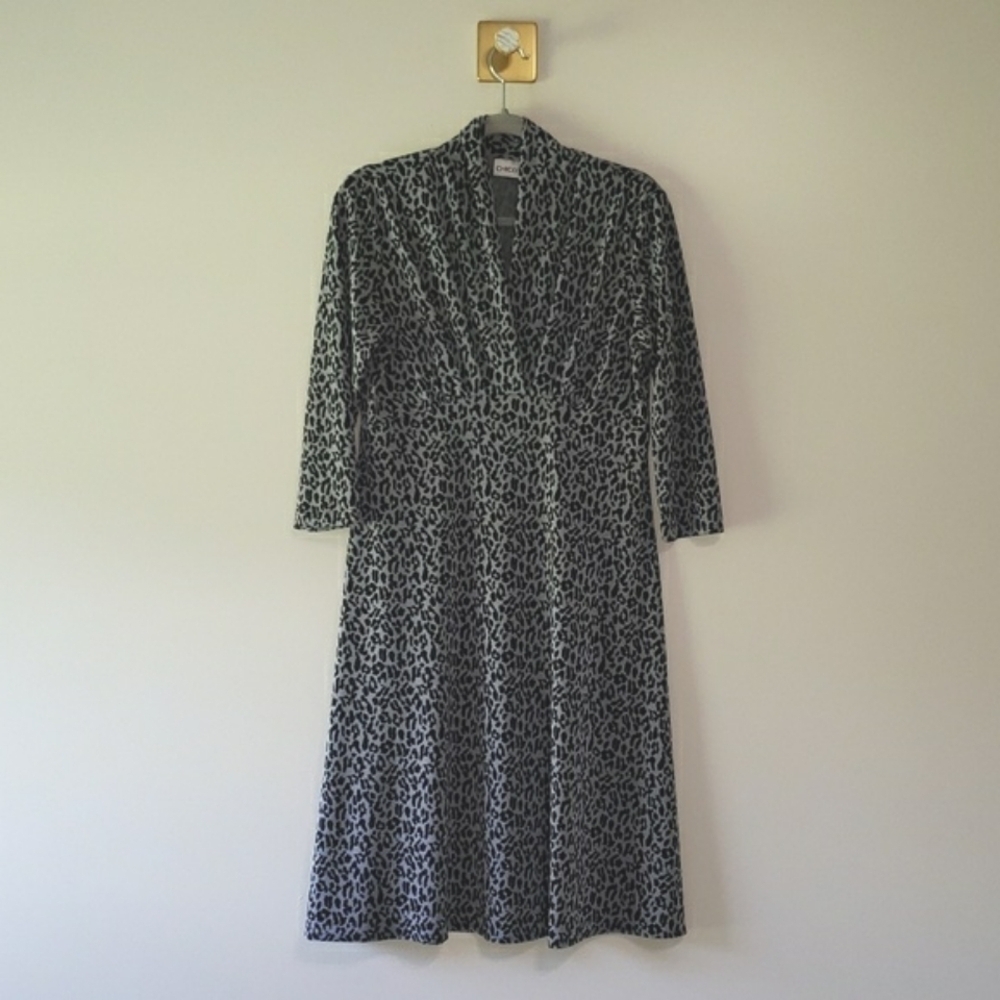 Chico's Midi Dress Womens Medium Animal Print Black Gray Office Career Work